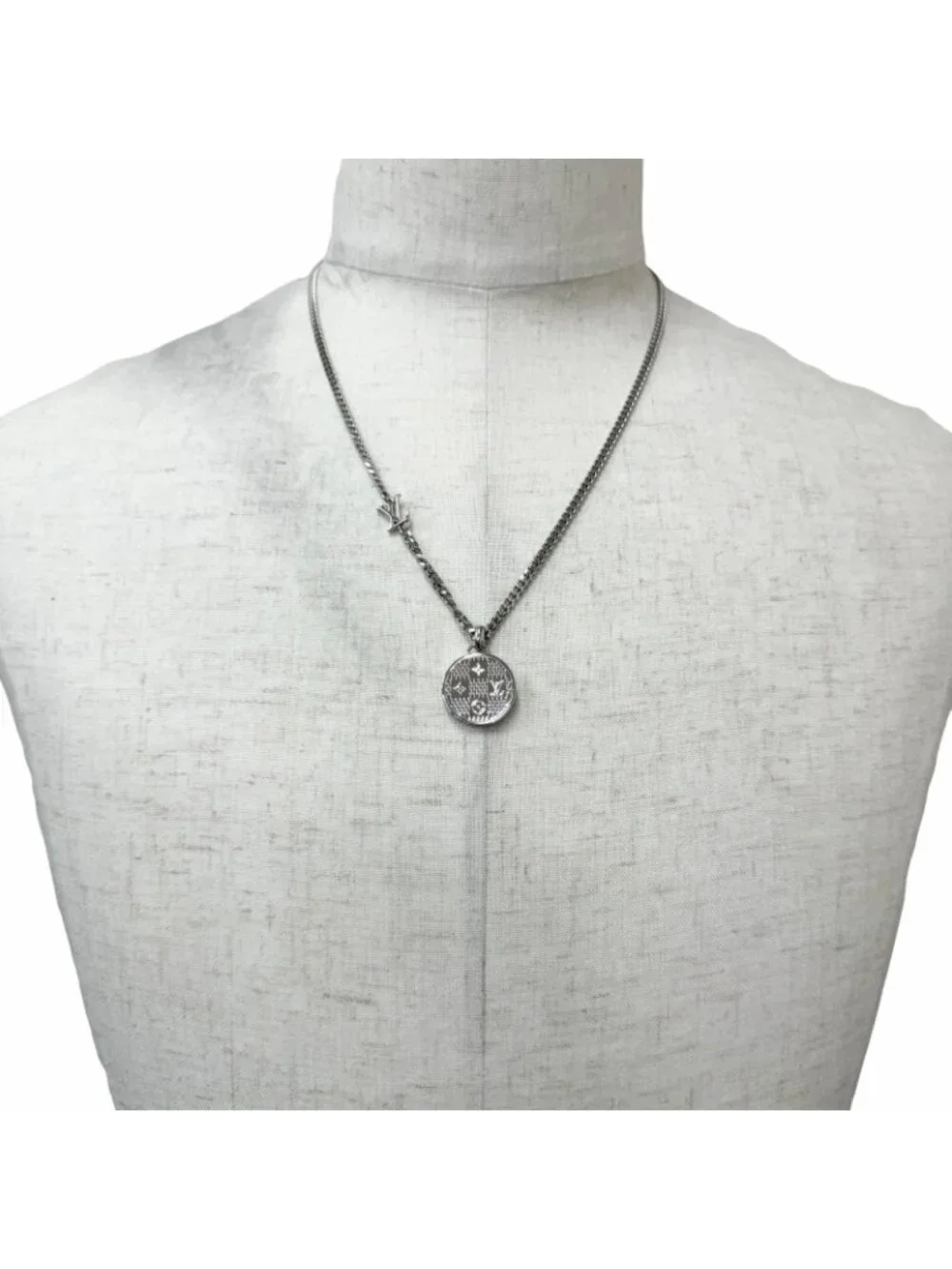 Louis Vuitton Pendant Damier Staple Necklace Silver